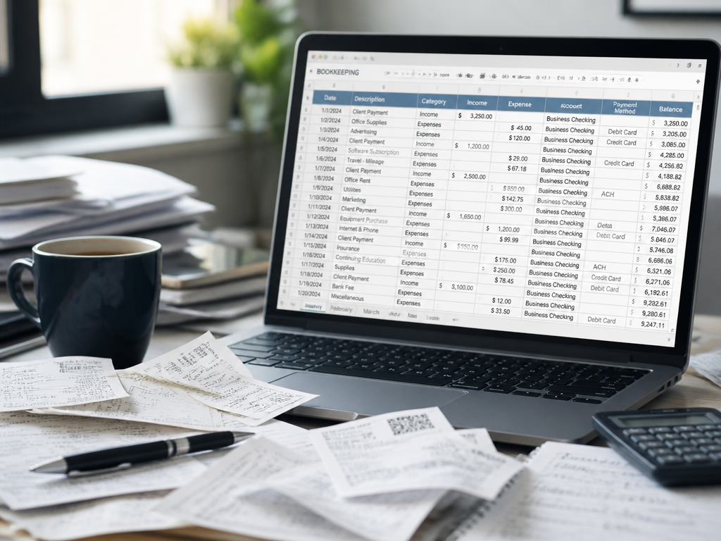 Cluttered desk with messy bookkeeping spreadsheet and receipts