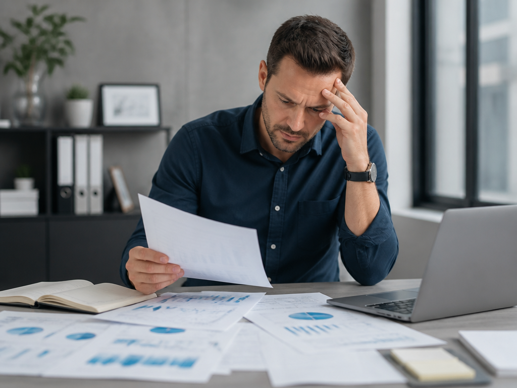 Business owner reviewing confusing financial reports